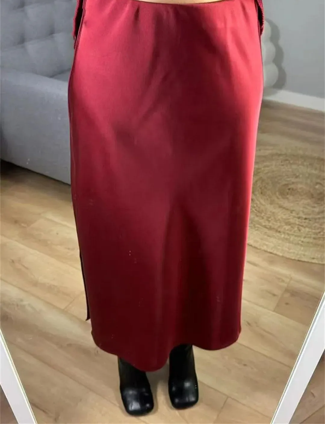 Women Office Midi Skirts High Waist Elegant Silk Solid Satin Skirt with Slit On The Side