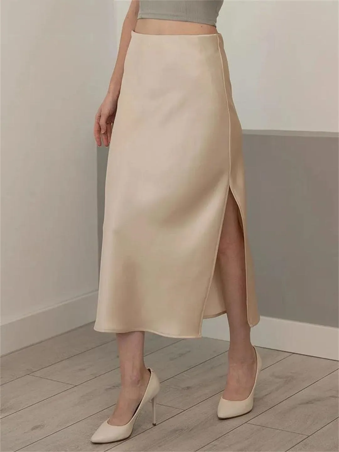 Women Office Midi Skirts High Waist Elegant Silk Solid Satin Skirt with Slit On The Side