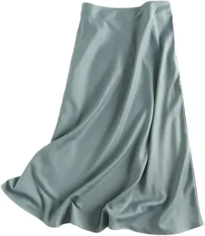 Women Solid Satin Midi Skirt Vintage Side Zipper Office Ladies Elegant A-Line Skirts