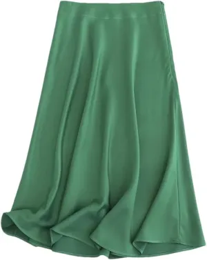 Women Solid Satin Midi Skirt Vintage Side Zipper Office Ladies Elegant A-Line Skirts