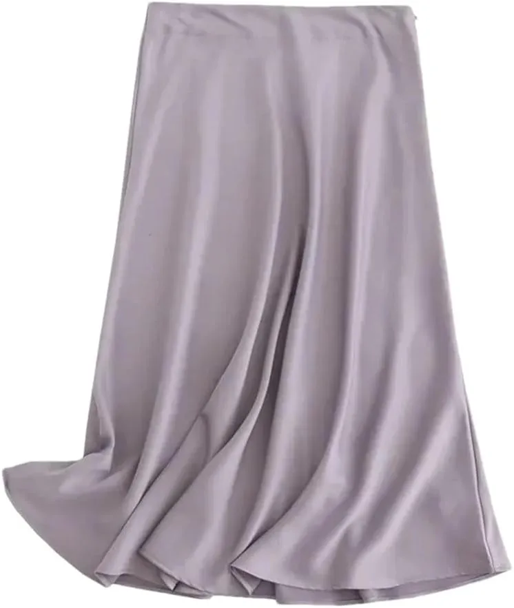 Women Solid Satin Midi Skirt Vintage Side Zipper Office Ladies Elegant A-Line Skirts