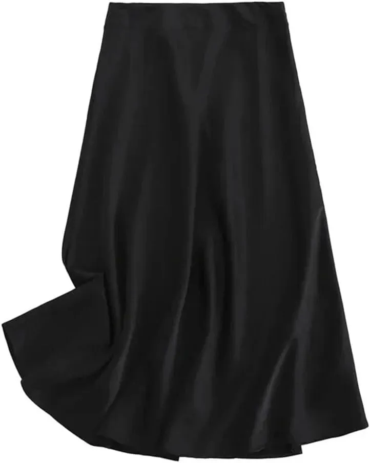 Women Solid Satin Midi Skirt Vintage Side Zipper Office Ladies Elegant A-Line Skirts
