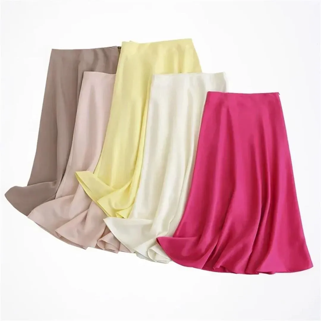 Women Solid Satin Midi Skirt Vintage Side Zipper Office Ladies Elegant A-Line Skirts