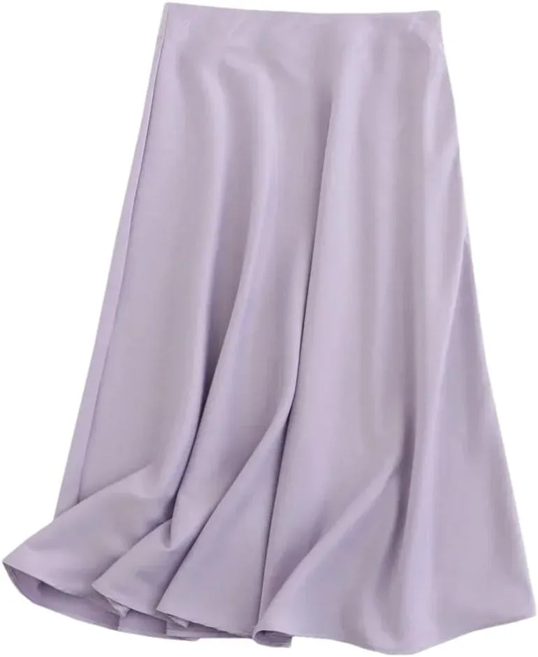 Women Solid Satin Midi Skirt Vintage Side Zipper Office Ladies Elegant A-Line Skirts