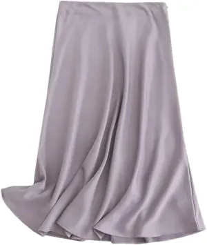 Women Solid Satin Midi Skirt Vintage Side Zipper Office Ladies Elegant A-Line Skirts