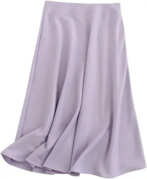 Women Solid Satin Midi Skirt Vintage Side Zipper Office Ladies Elegant A-Line Skirts