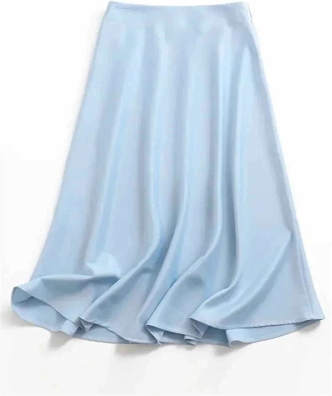 Women Solid Satin Midi Skirt Vintage Side Zipper Office Ladies Elegant A-Line Skirts