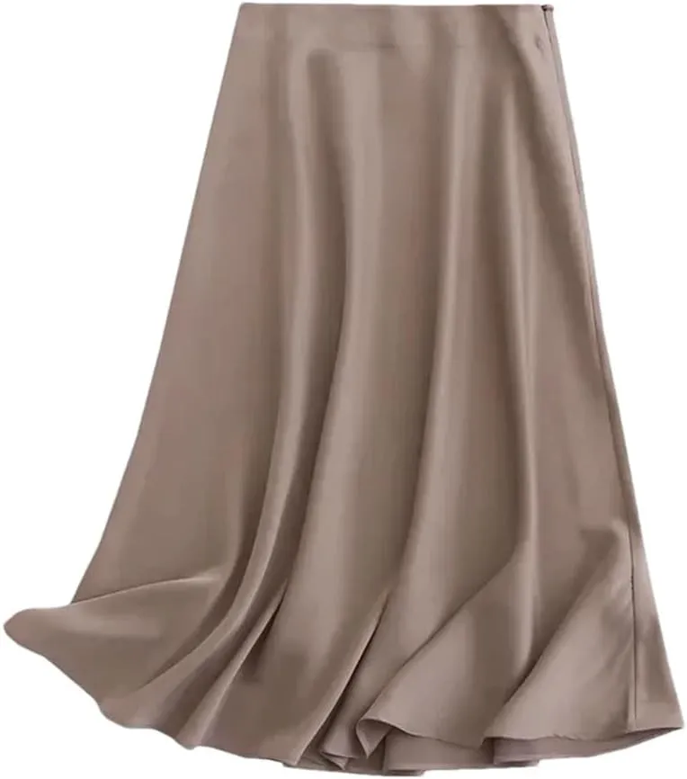 Women Solid Satin Midi Skirt Vintage Side Zipper Office Ladies Elegant A-Line Skirts