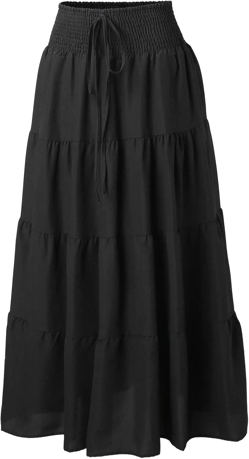 Women Summer Maxi Skirt Elastic High Waist Flowy Boho Casual Tiered Aline Long Beach Skirts 2024 Trendy Outfits