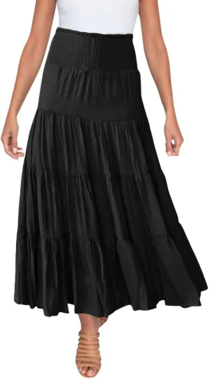 Women Summer Maxi Skirt Elastic High Waist Flowy Boho Casual Tiered Aline Long Beach Skirts 2024 Trendy Outfits