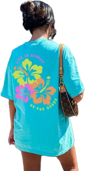 Women Teen Girls Oversized Tee Shirts Y2K Vintage Floral Graphic Print Baggy T Aesthetic Coastal Summer Tops Beachwear