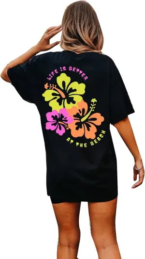 Women Teen Girls Oversized Tee Shirts Y2K Vintage Floral Graphic Print Baggy T Aesthetic Coastal Summer Tops Beachwear