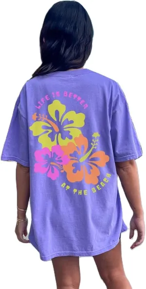 Women Teen Girls Oversized Tee Shirts Y2K Vintage Floral Graphic Print Baggy T Aesthetic Coastal Summer Tops Beachwear