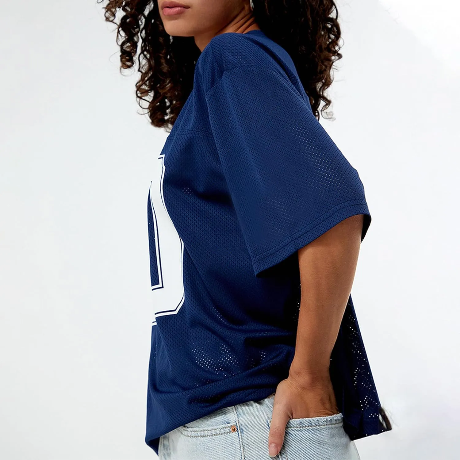 Women Y2k Oversized Jersey Shirt Number Print Short Sleeve V Neck Mesh T Shirt Summer Casual Grunge Sporty Streetwear