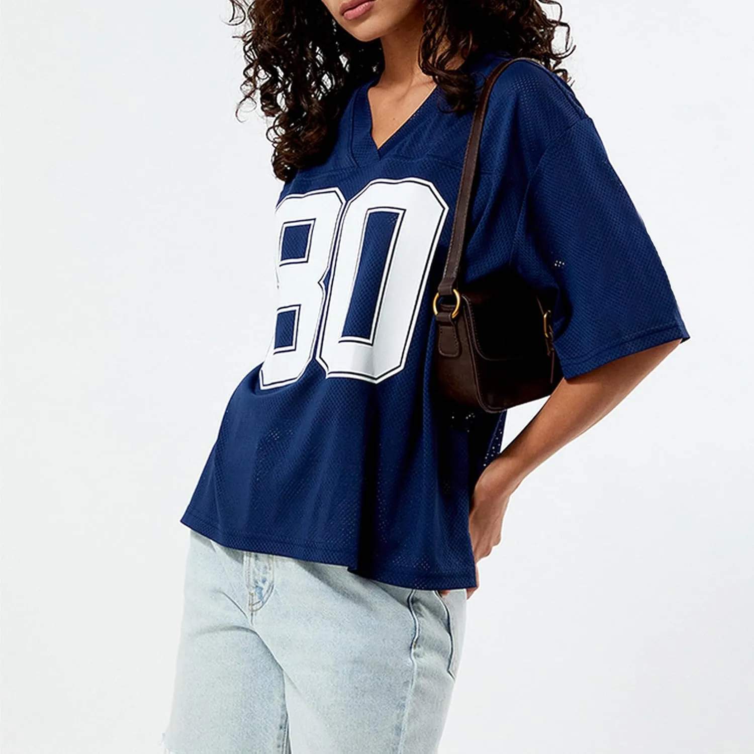 Women Y2k Oversized Jersey Shirt Number Print Short Sleeve V Neck Mesh T Shirt Summer Casual Grunge Sporty Streetwear