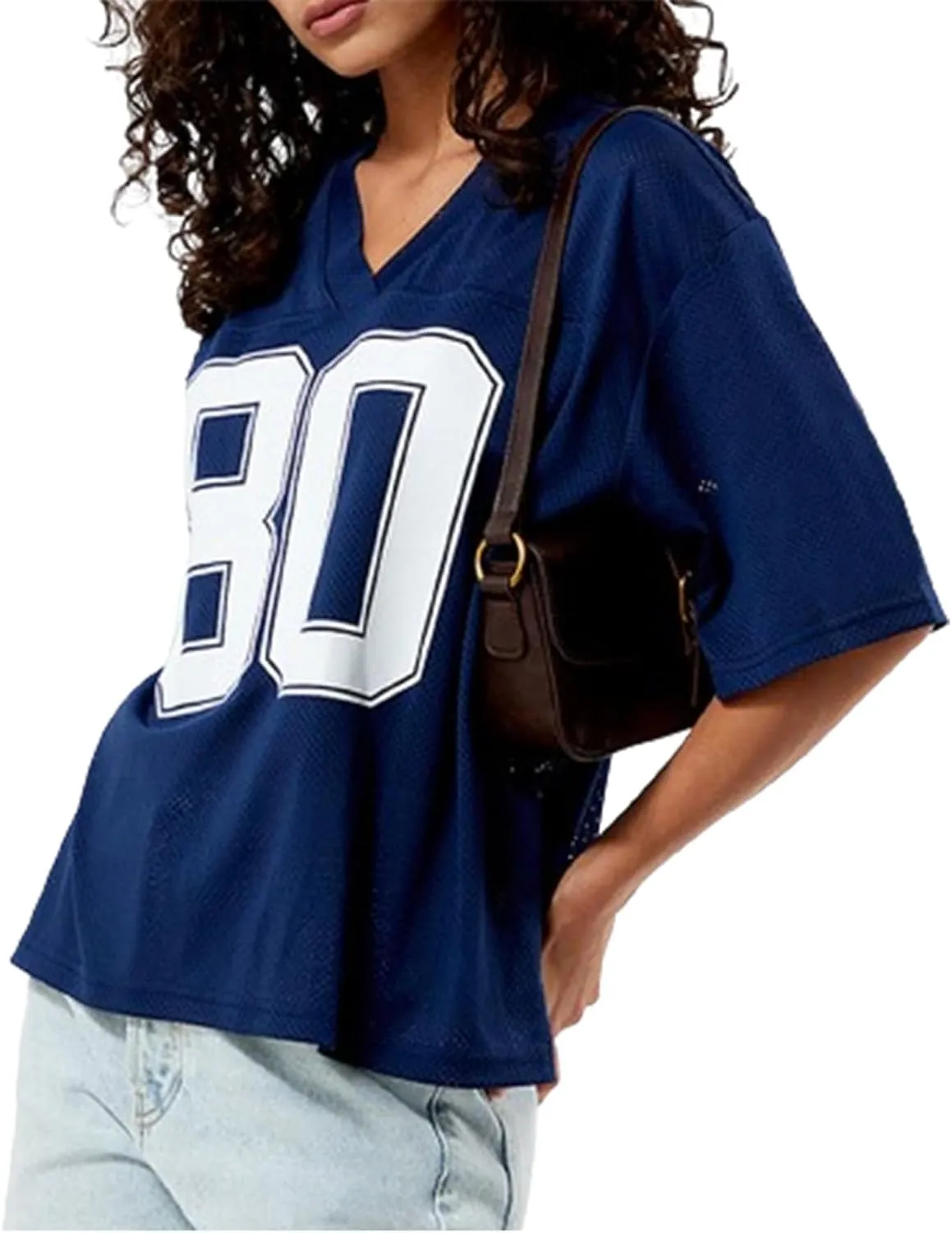 Women Y2k Oversized Jersey Shirt Number Print Short Sleeve V Neck Mesh T Shirt Summer Casual Grunge Sporty Streetwear