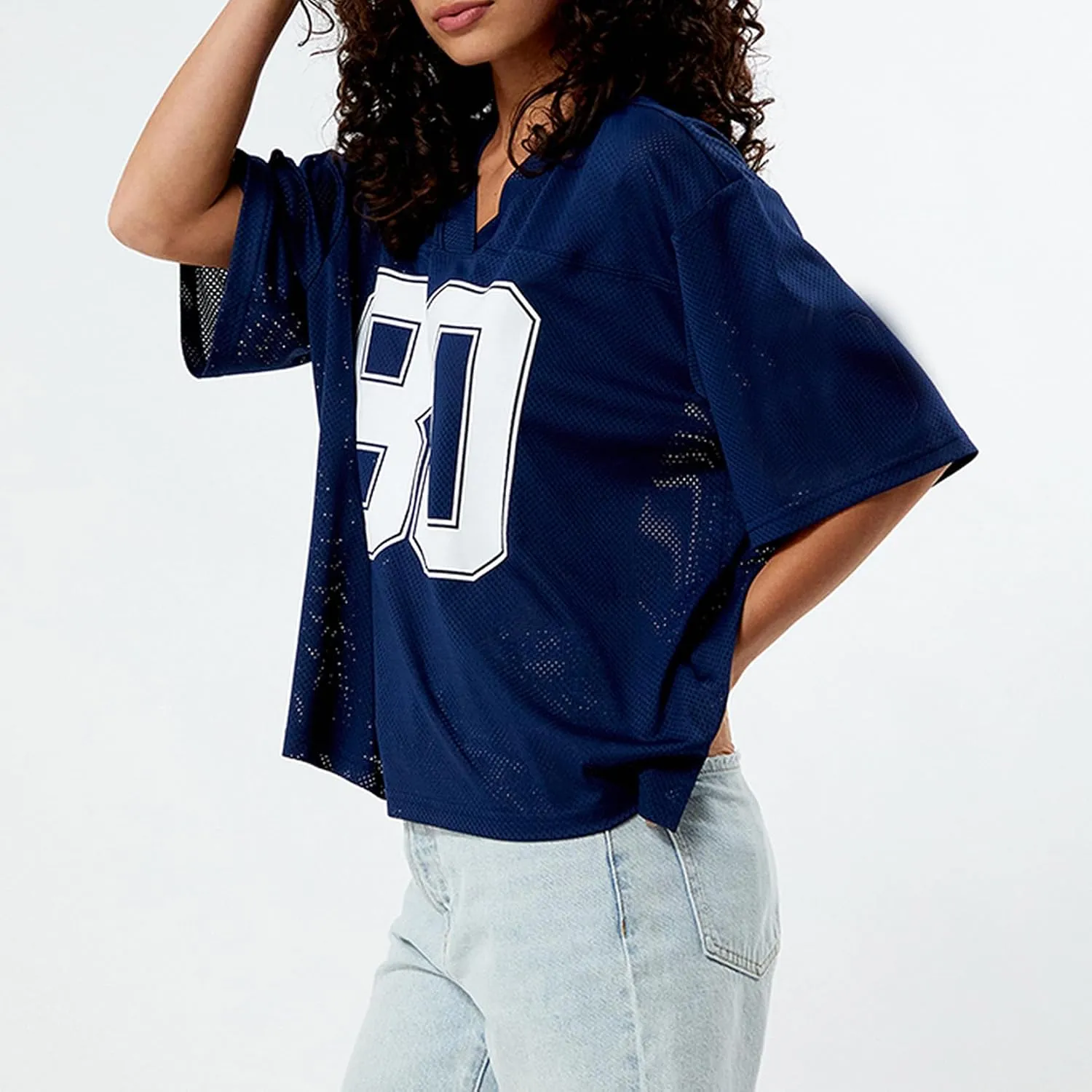 Women Y2k Oversized Jersey Shirt Number Print Short Sleeve V Neck Mesh T Shirt Summer Casual Grunge Sporty Streetwear