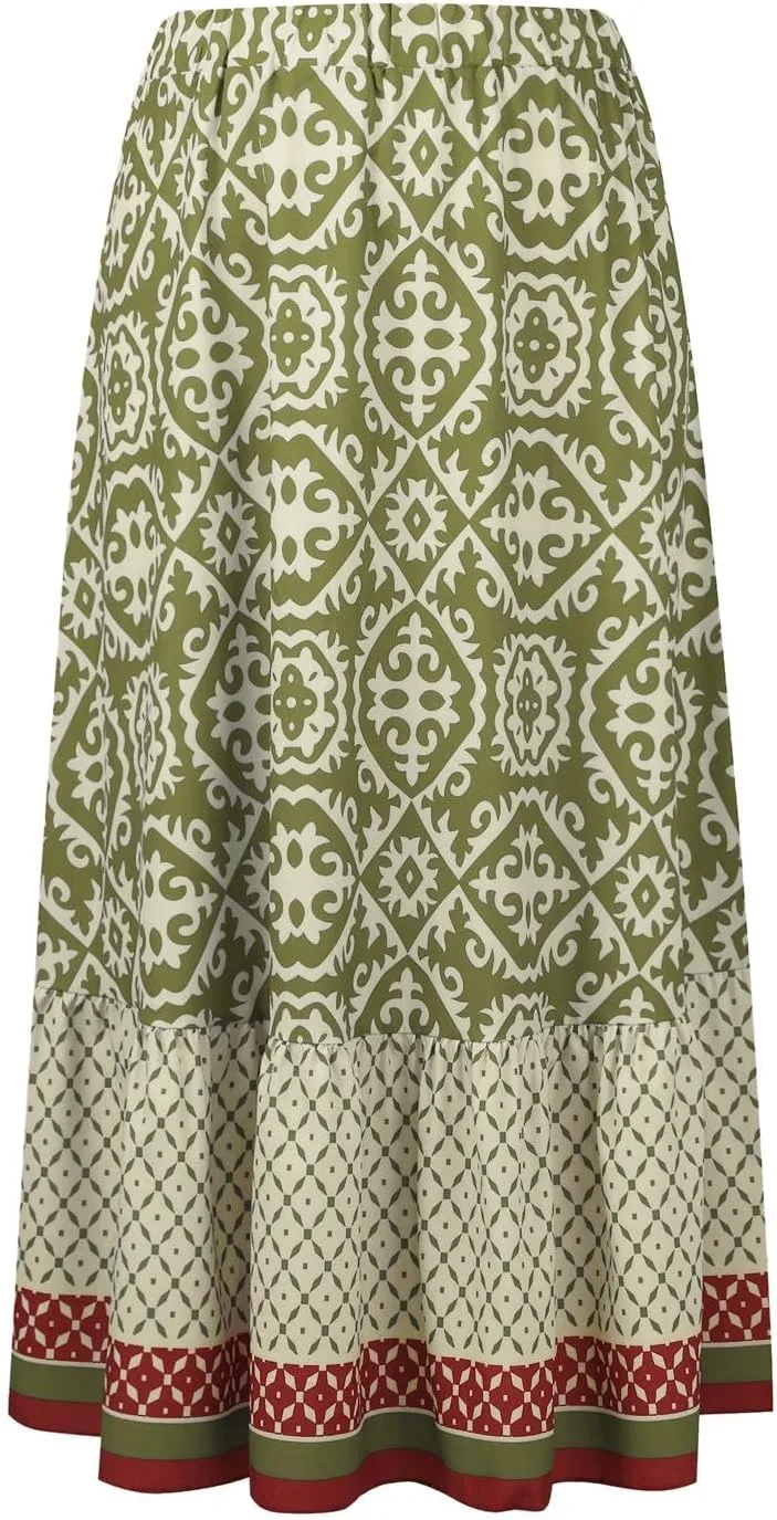 Women's 2025 Bohemian Long Skirts Flowy Elastic High Waist A Line Maxi Skirts Summer Printed Pleated Mini Skirt