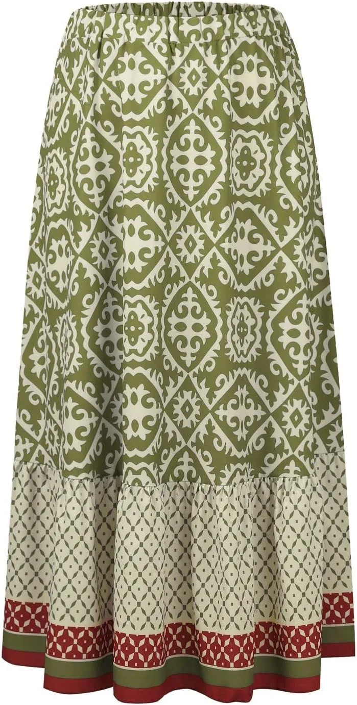 Women's 2025 Bohemian Long Skirts Flowy Elastic High Waist A Line Maxi Skirts Summer Printed Pleated Mini Skirt
