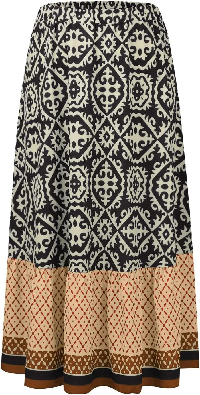 Women's 2025 Bohemian Long Skirts Flowy Elastic High Waist A Line Maxi Skirts Summer Printed Pleated Mini Skirt