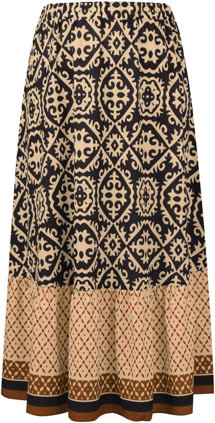 Women's 2025 Bohemian Long Skirts Flowy Elastic High Waist A Line Maxi Skirts Summer Printed Pleated Mini Skirt