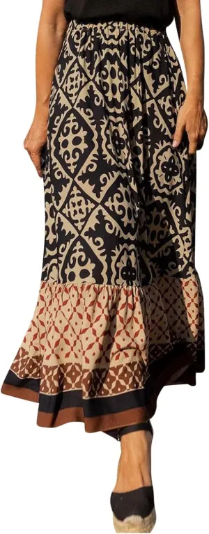 Women's 2025 Bohemian Long Skirts Flowy Elastic High Waist A Line Maxi Skirts Summer Printed Pleated Mini Skirt