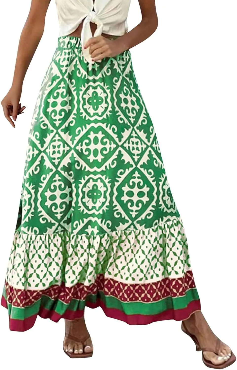Women's 2025 Bohemian Long Skirts Flowy Elastic High Waist A Line Maxi Skirts Summer Printed Pleated Mini Skirt