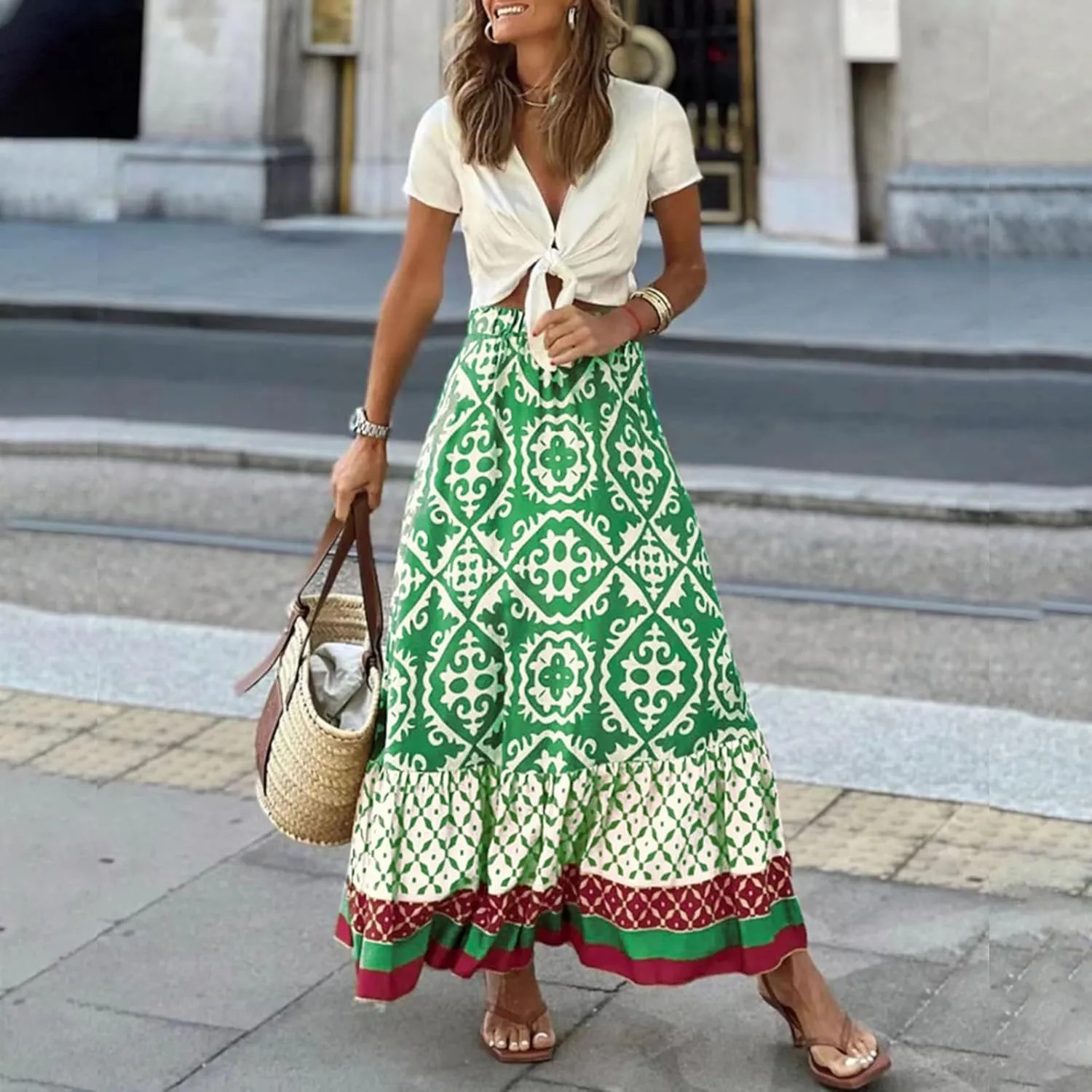 Women's 2025 Bohemian Long Skirts Flowy Elastic High Waist A Line Maxi Skirts Summer Printed Pleated Mini Skirt
