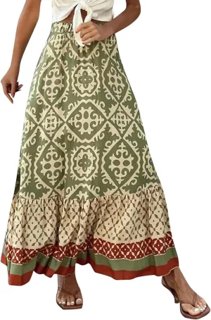 Women's 2025 Bohemian Long Skirts Flowy Elastic High Waist A Line Maxi Skirts Summer Printed Pleated Mini Skirt
