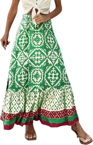 Women's 2025 Bohemian Long Skirts Flowy Elastic High Waist A Line Maxi Skirts Summer Printed Pleated Mini Skirt