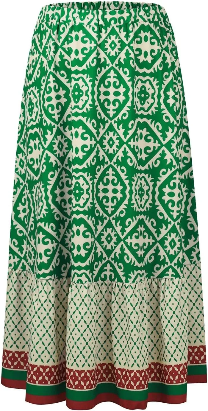 Women's 2025 Bohemian Long Skirts Flowy Elastic High Waist A Line Maxi Skirts Summer Printed Pleated Mini Skirt