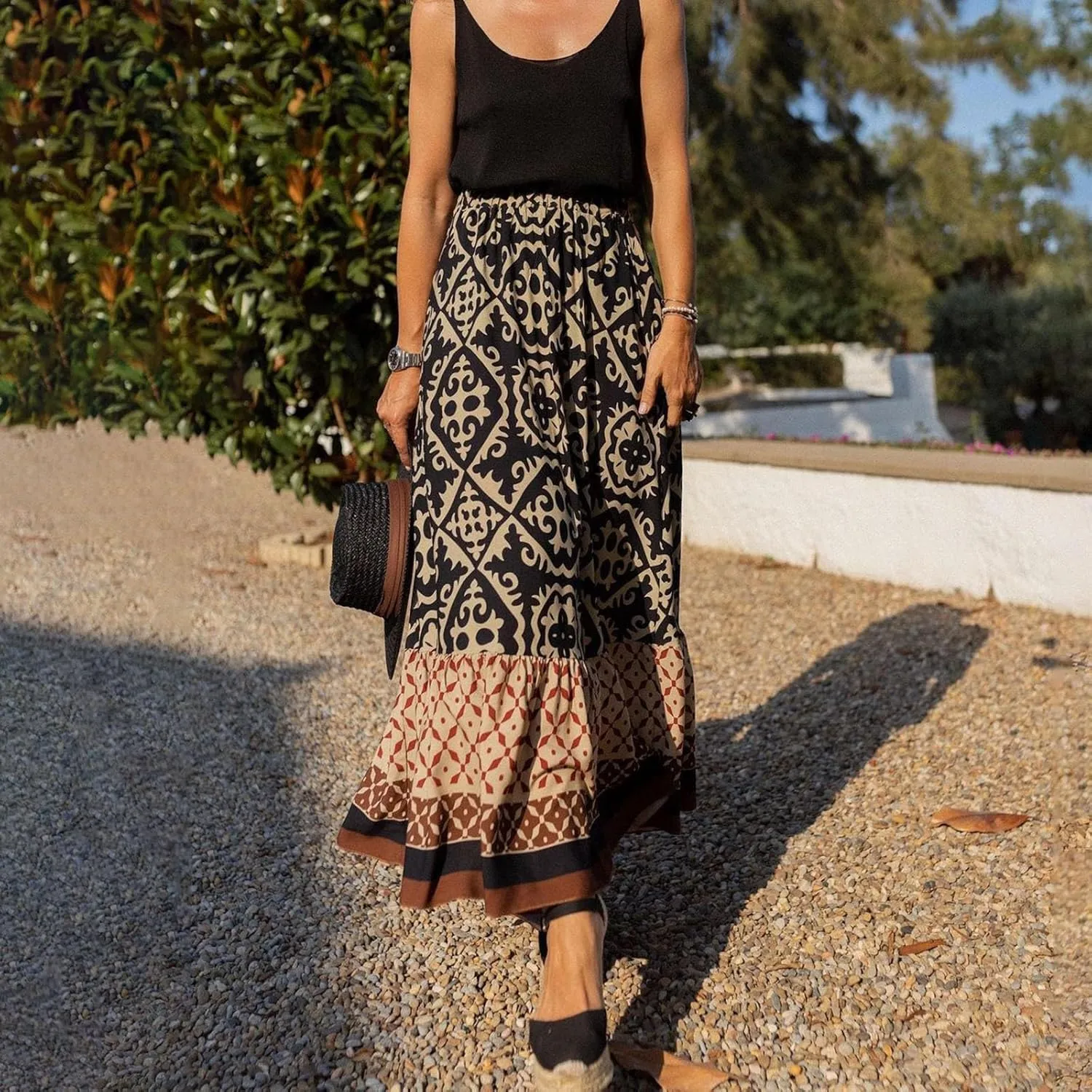 Women's 2025 Bohemian Long Skirts Flowy Elastic High Waist A Line Maxi Skirts Summer Printed Pleated Mini Skirt