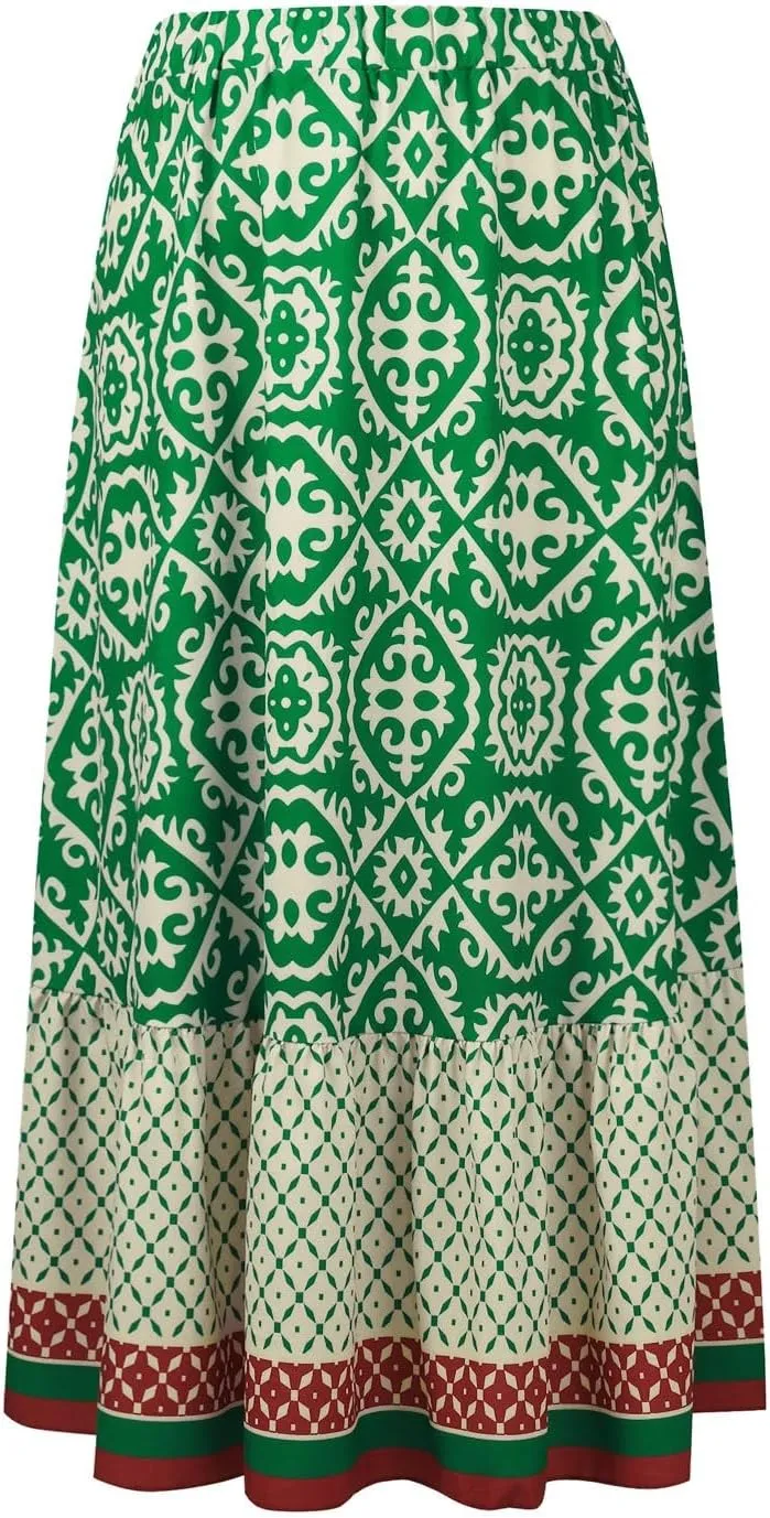 Women's 2025 Bohemian Long Skirts Flowy Elastic High Waist A Line Maxi Skirts Summer Printed Pleated Mini Skirt