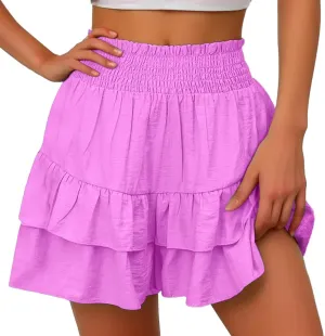 Women's 2025 Bohemian Stretch Waist Solid Pleated Flared Ruffle Mini Skater Skirt, S-2XL