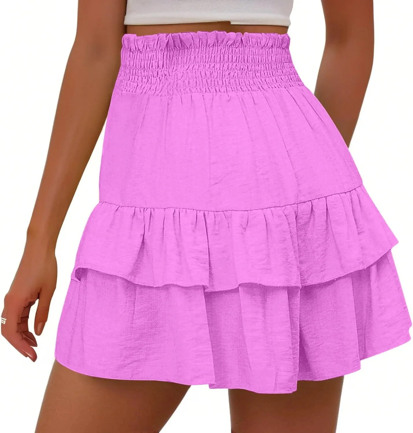 Women's 2025 Bohemian Stretch Waist Solid Pleated Flared Ruffle Mini Skater Skirt, S-2XL