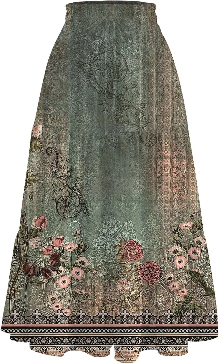 Women's 2025 Summer Bohemian Elastic Waist Gradient Flared A Line Midi Skirt with Pockets, S-2XL