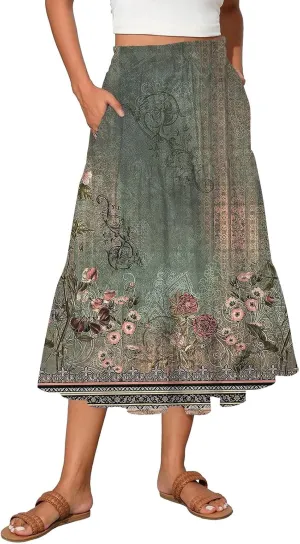 Women's 2025 Summer Bohemian Elastic Waist Gradient Flared A Line Midi Skirt with Pockets, S-2XL
