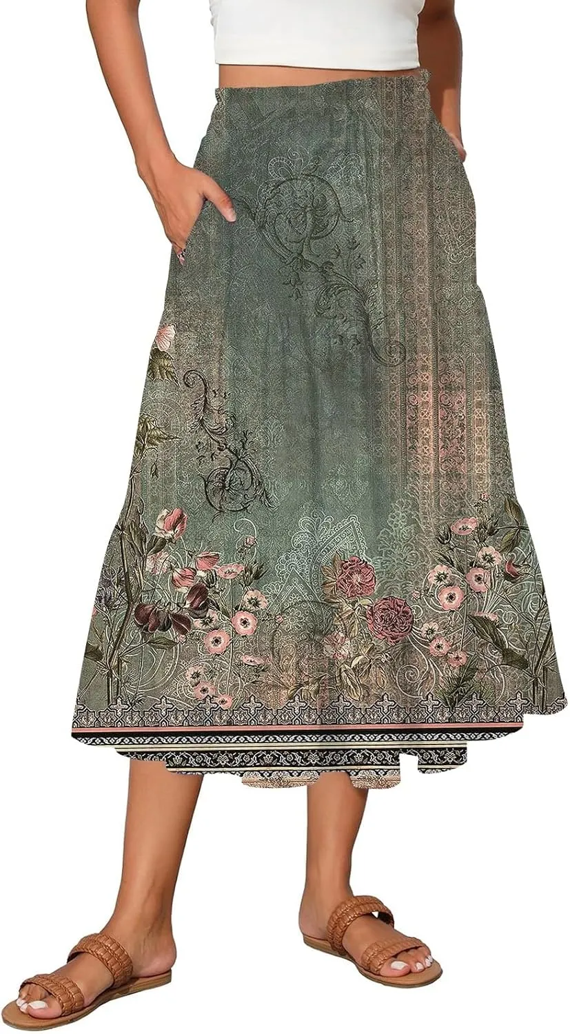 Women's 2025 Summer Bohemian Elastic Waist Gradient Flared A Line Midi Skirt with Pockets, S-2XL