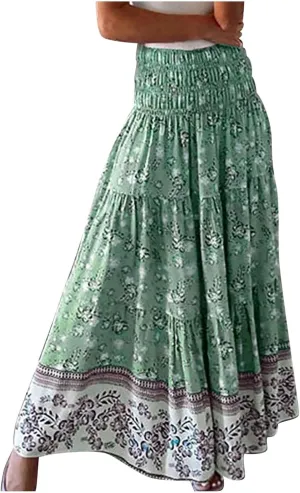 Women's 2025 Summer Bohemian Floral Printed Stretch Waist Tiered Pleated Swing Maxi Skirt with Pockets, S-2XL