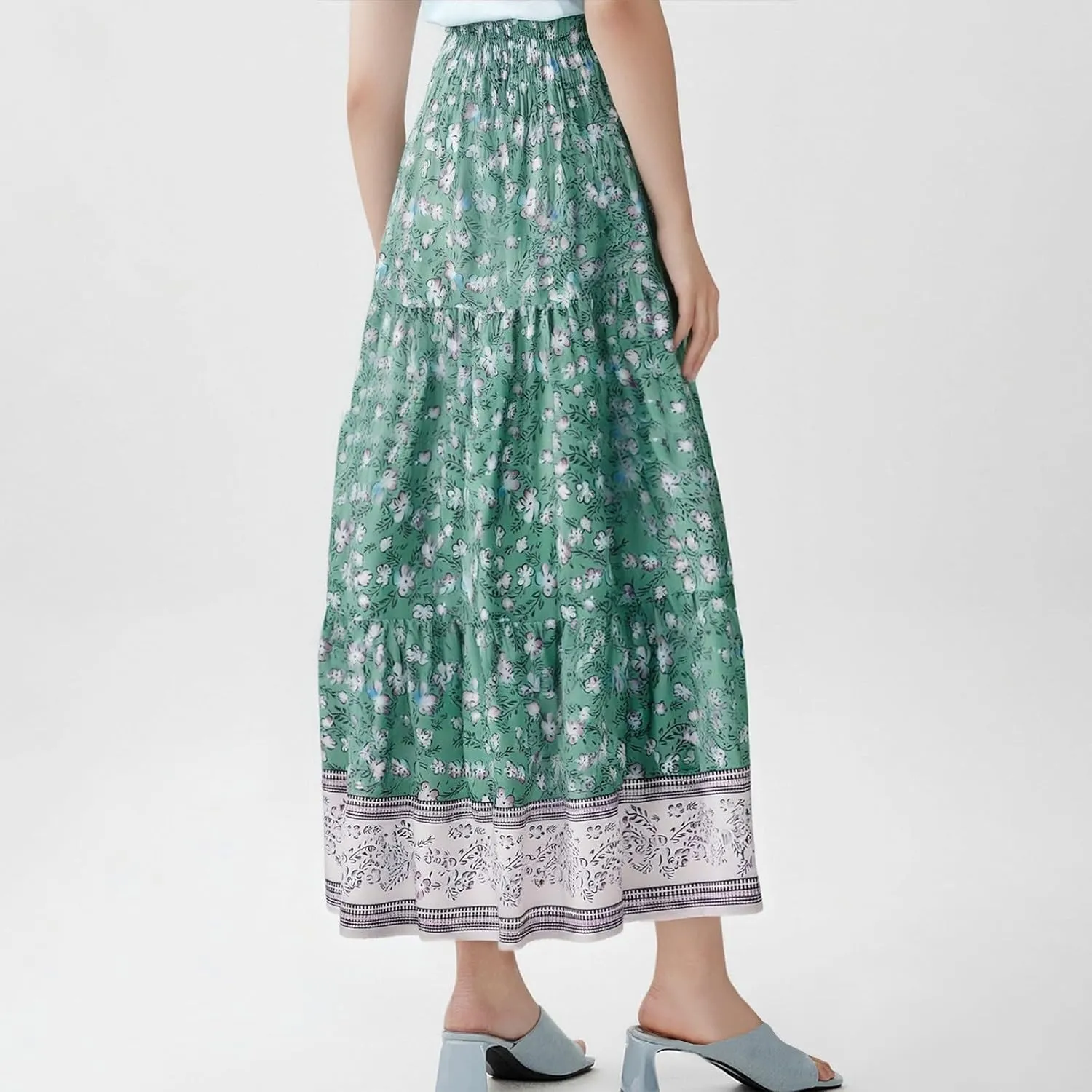 Women's 2025 Summer Bohemian Floral Printed Stretch Waist Tiered Pleated Swing Maxi Skirt with Pockets, S-2XL