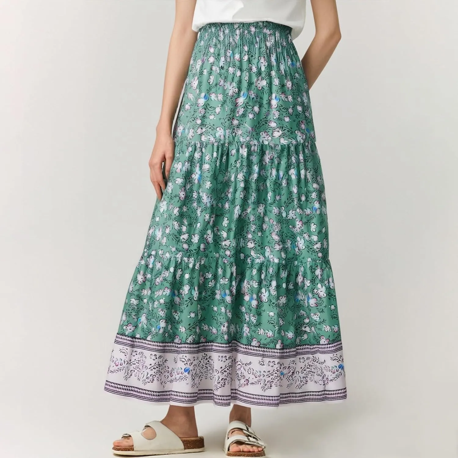 Women's 2025 Summer Bohemian Floral Printed Stretch Waist Tiered Pleated Swing Maxi Skirt with Pockets, S-2XL