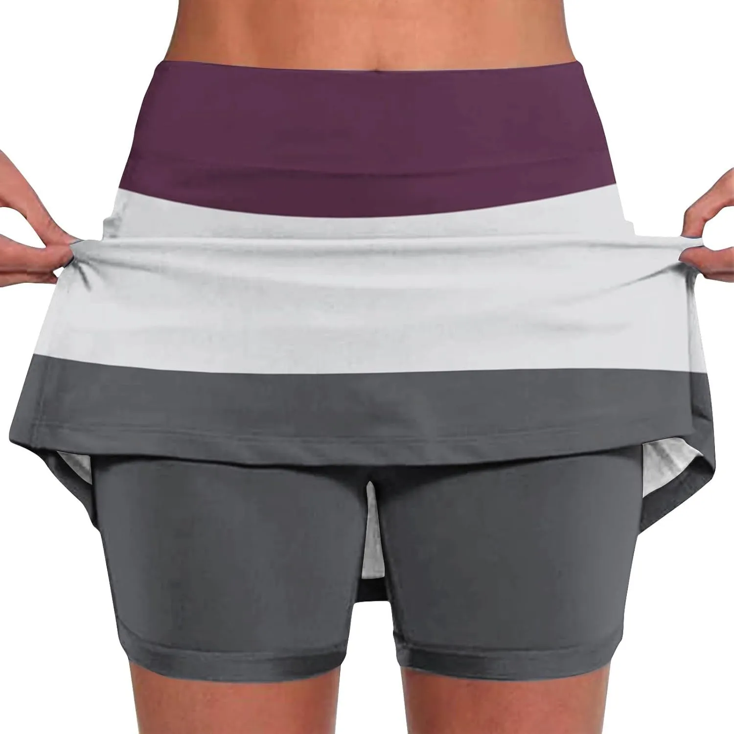 Women's Athletic Skorts Trendy High Waist Color Block Golf Skirt with Built-in Shorts Summer Running Skirts Pants