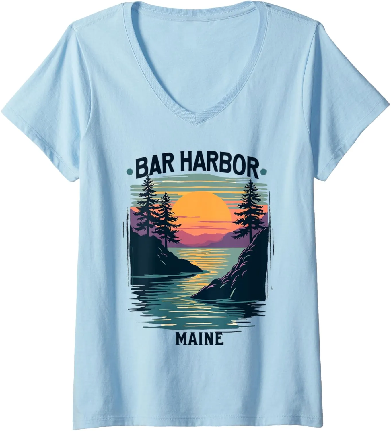 Womens Bar Harbor Maine Vintage Sunset Scenic V-Neck T-Shirt
