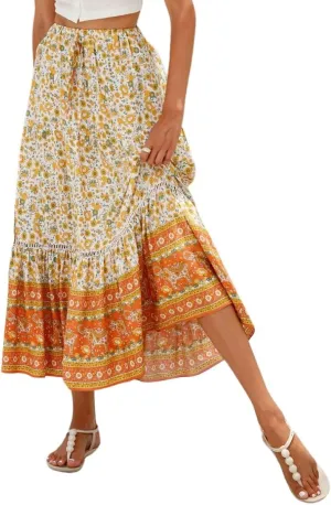 Women's Bohemian Floral Printed Flowy Beach Skirts Elastic High Waisted A Line Maxi Skirts
