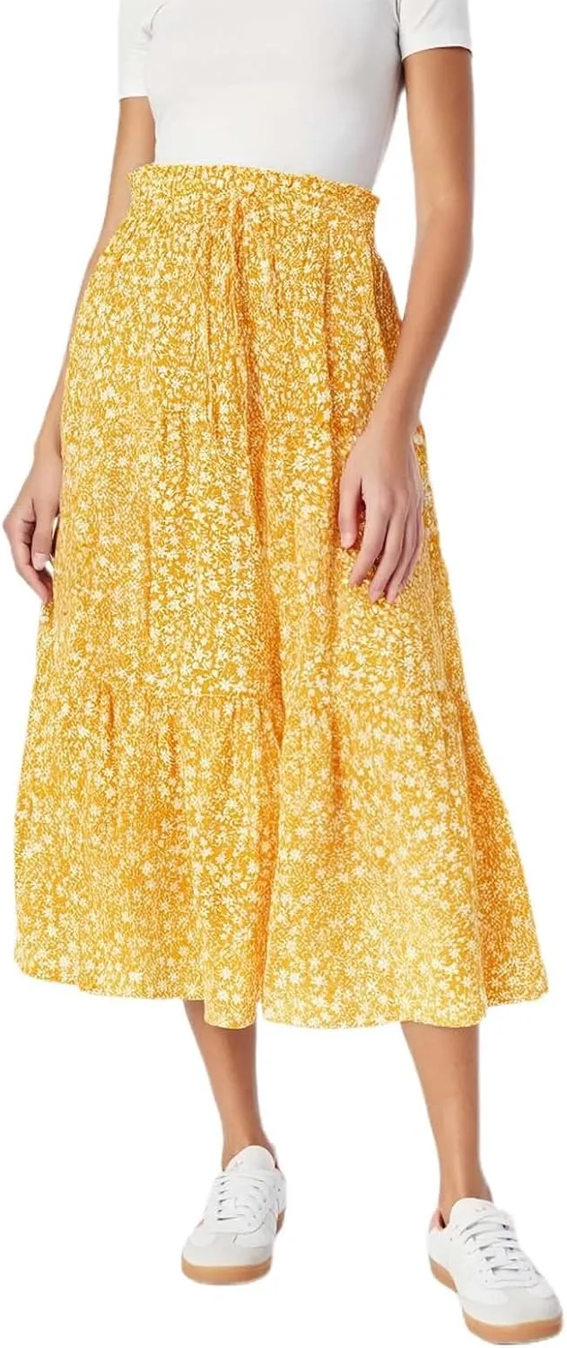 Women's Bohemian Floral Skirts Tiered Ruffle Elastic High Waisted Drawstring A-Line Flowy Swing Long Dress