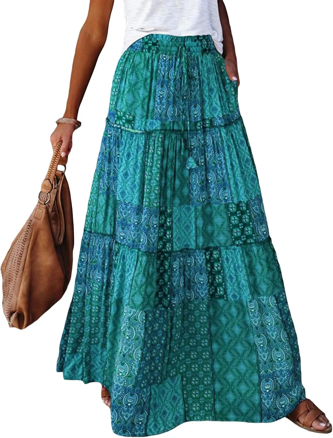 Women's Bohemian Maxi Skirts Vintage Elastic High Waist A-Line Skirts Tiered Boho Long Skirts with Pockets