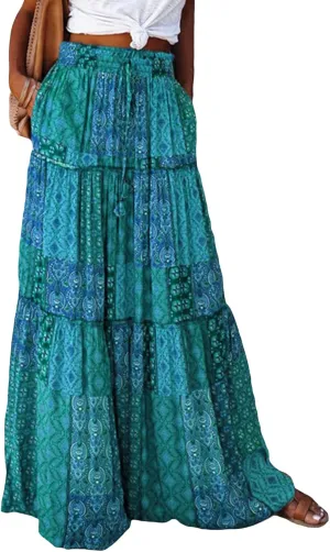 Women's Bohemian Maxi Skirts Vintage Elastic High Waist A-Line Skirts Tiered Boho Long Skirts with Pockets