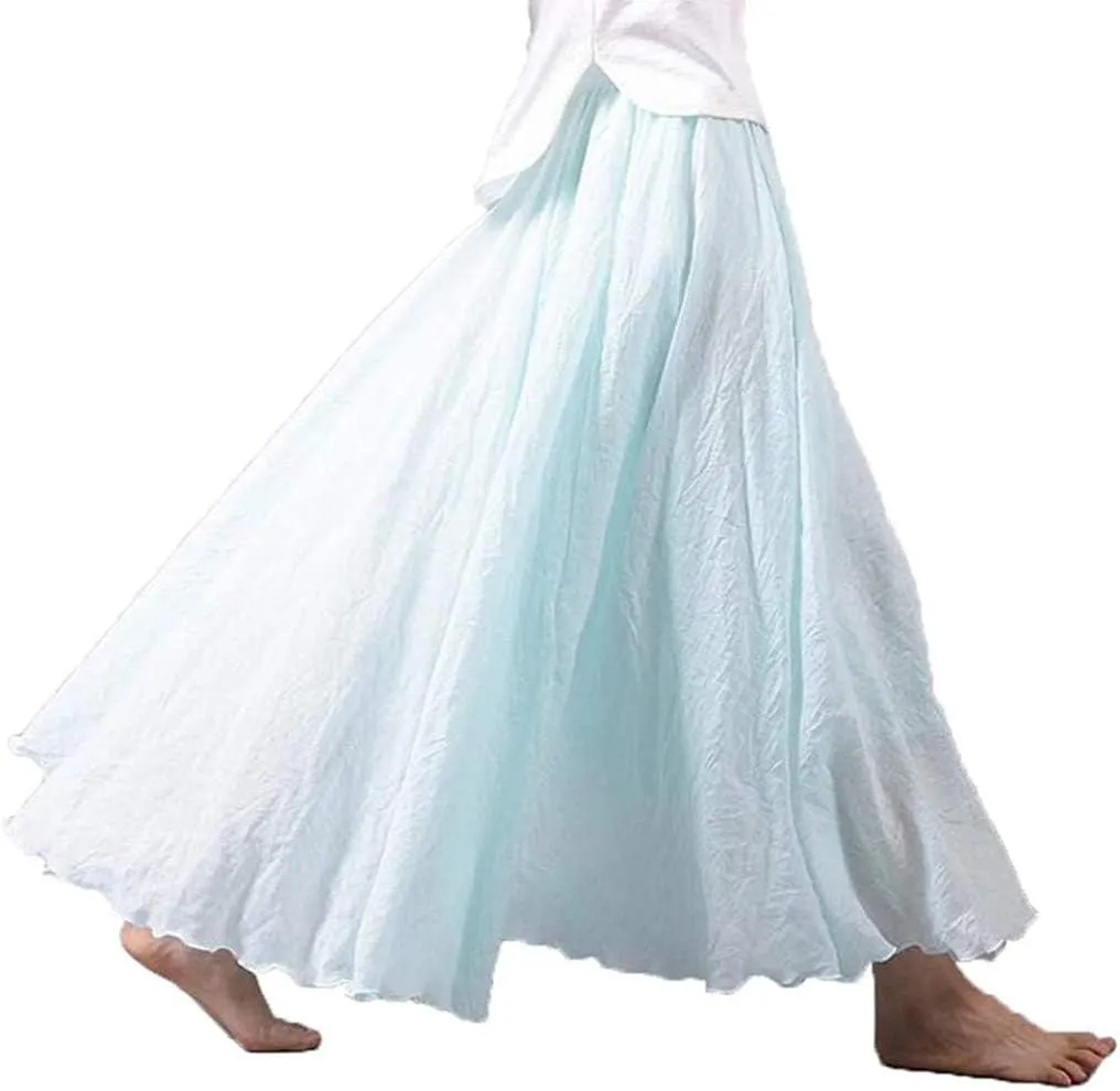 Women's Bohemian Style Elastic Waist Band Cotton Linen Long Maxi Skirt Dress Double Layer Skirts
