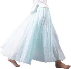 Women's Bohemian Style Elastic Waist Band Cotton Linen Long Maxi Skirt Dress Double Layer Skirts