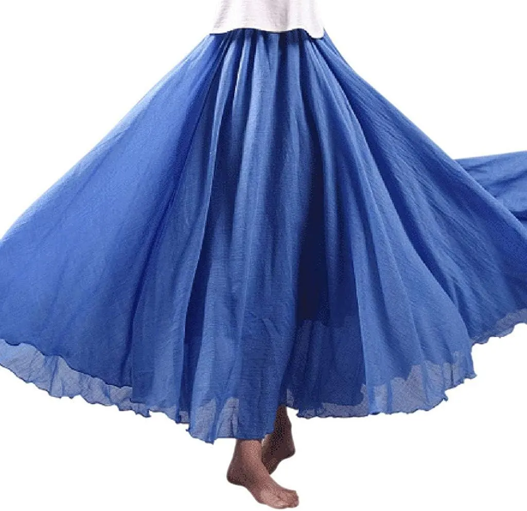 Women's Bohemian Style Elastic Waist Band Cotton Linen Long Maxi Skirt Dress Double Layer Skirts